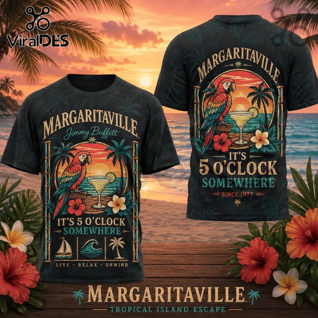 Margaritaville Jimmy Buffett Since 1977 Parrot Sunset Beach Shirt