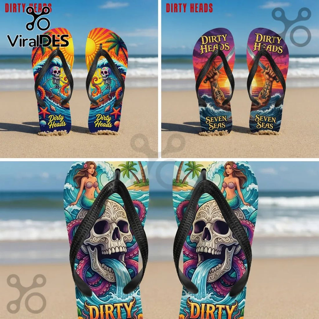 Dirty Heads Premium Beach Skull Mermaid Ocean Art Flip Flops for Summer