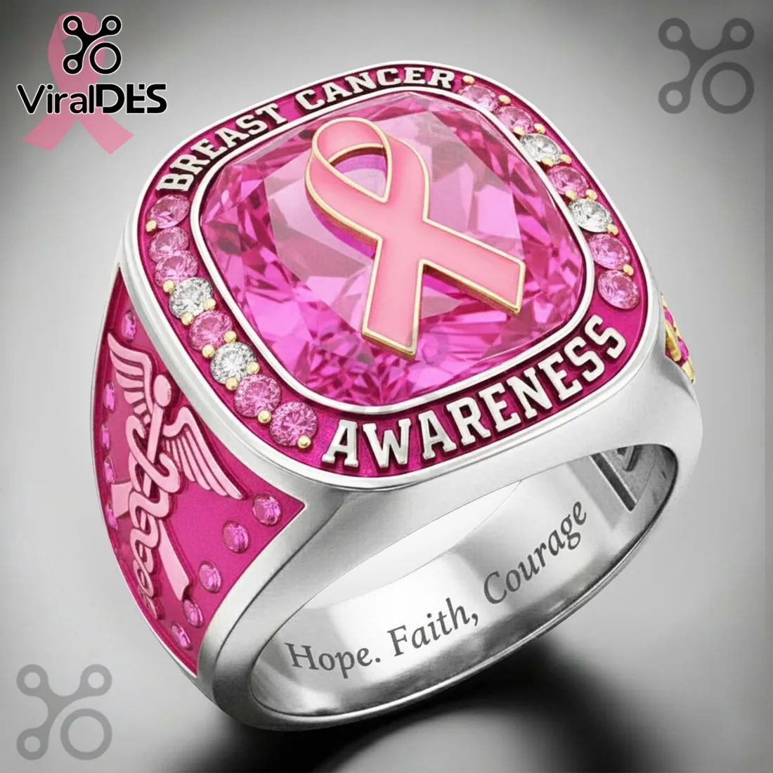 Breast Cancer Awareness Pink Crystal Stainless Steel Ring