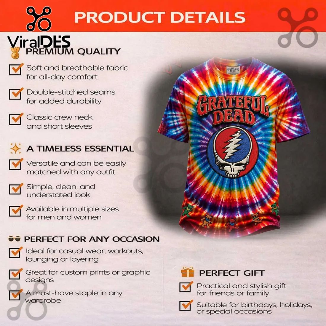 Grateful Dead Tie-Dye Steal Your Face Skull Rainbow Music T-Shirt