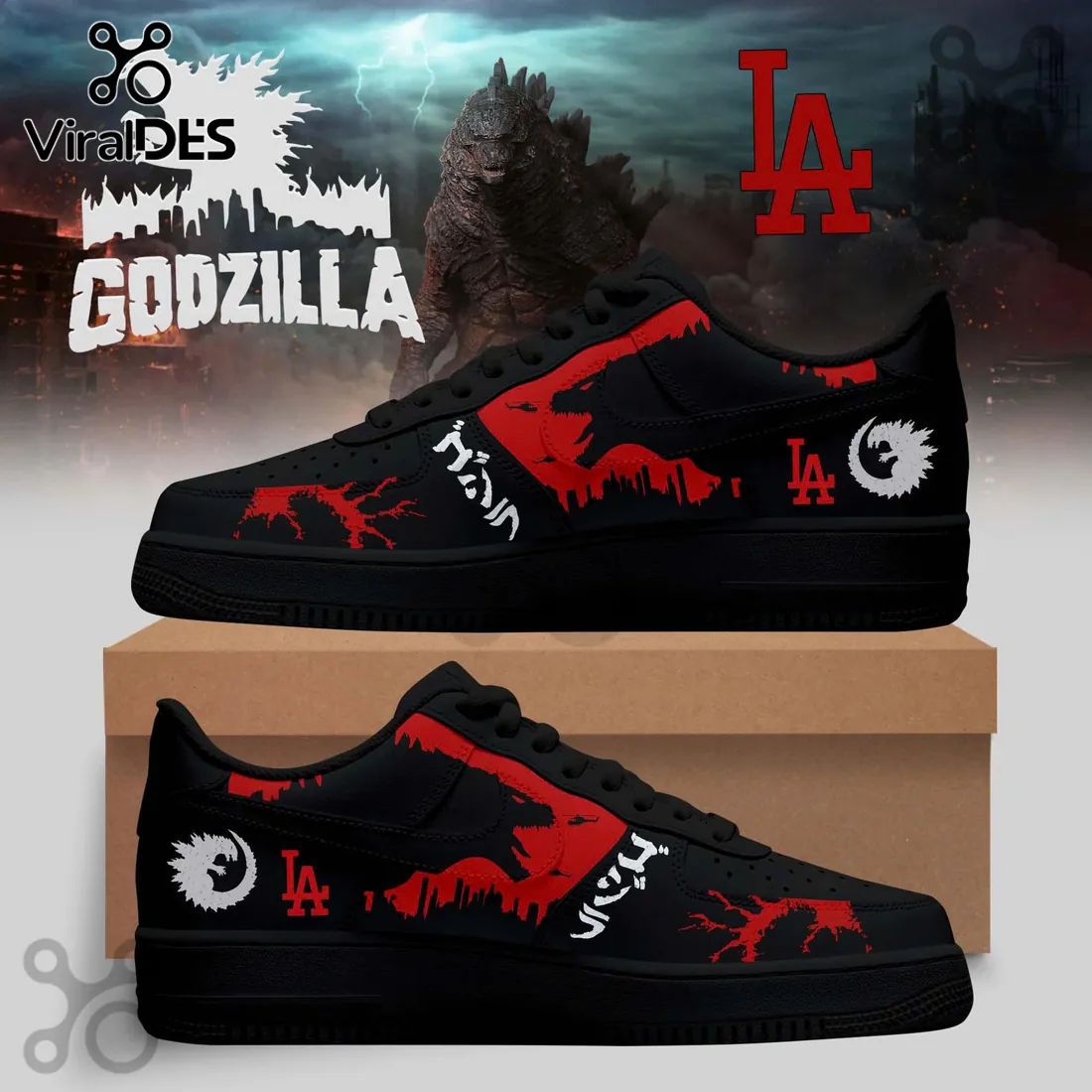 Godzilla x Los Angeles Dodgers Black Red Air Force 1 Sneakers