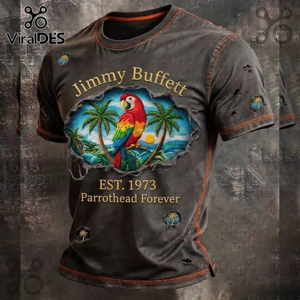 Jimmy Buffett Parrothead Est. 1973 Distressed Tropical Parrot Graphic T-Shirt