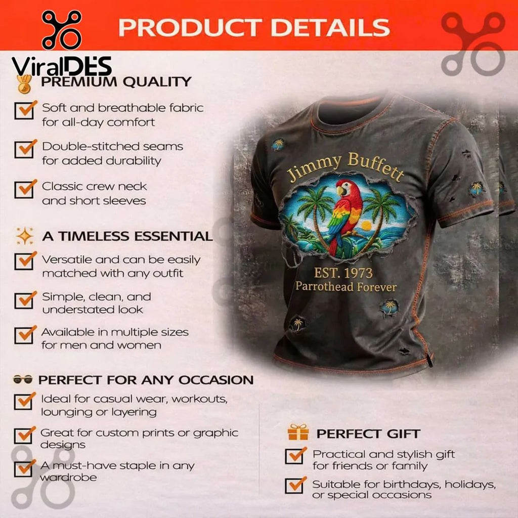 Jimmy Buffett Parrothead Est. 1973 Distressed Tropical Parrot Graphic T-Shirt