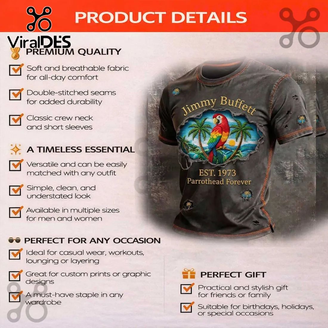 Jimmy Buffett Parrothead Est. 1973 Distressed Tropical Parrot Graphic T-Shirt
