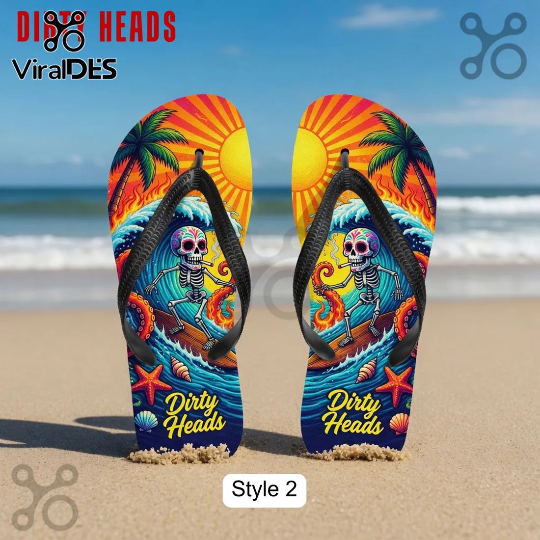 Dirty Heads Premium Beach Skull Mermaid Ocean Art Flip Flops for Summer