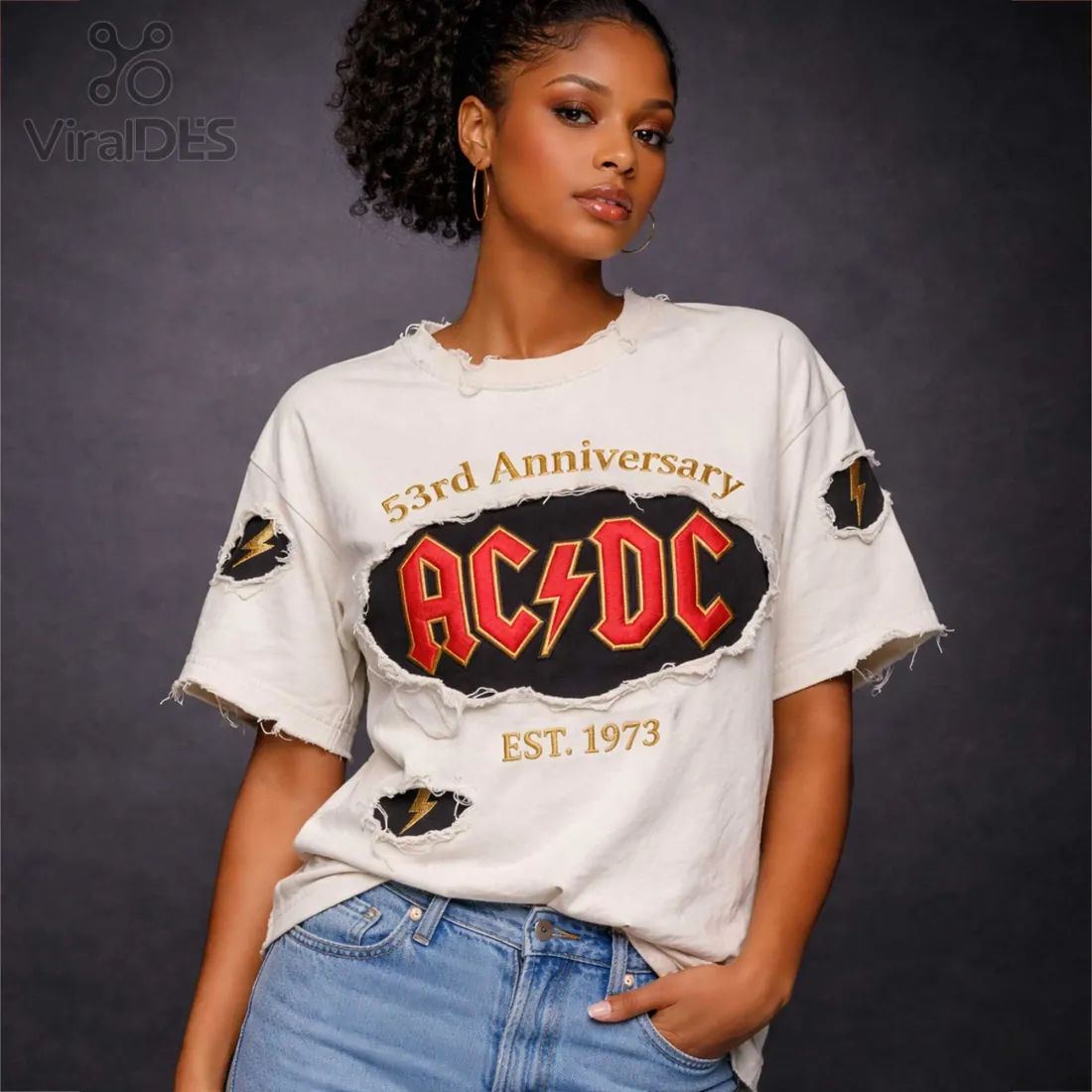 AC/DC 53rd Anniversary Vintage Distressed Embroidered Rock Band T-Shirt