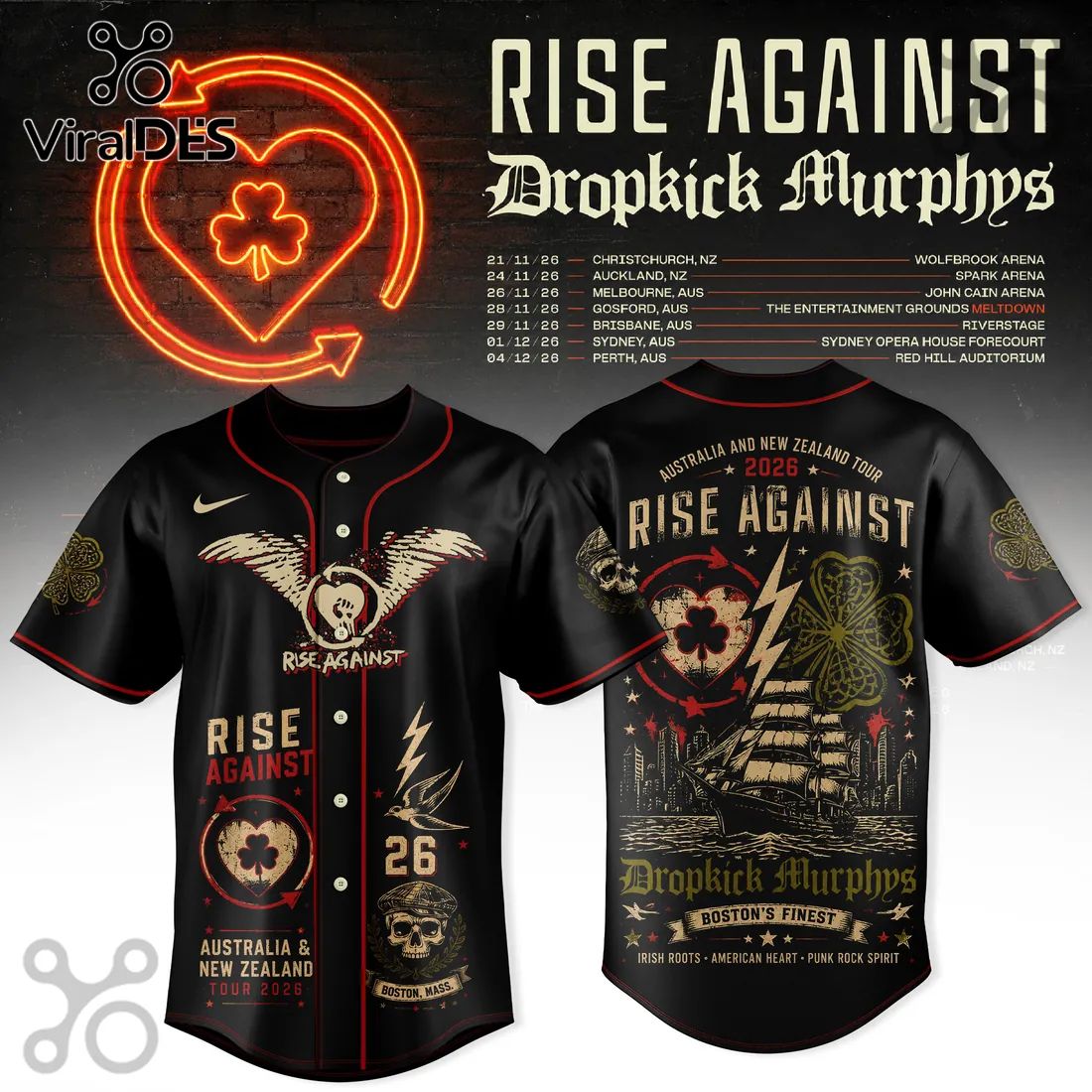 Rise Against x Dropkick Murphys 2026 Tour Black Baseball Jersey