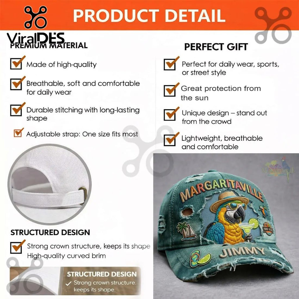 Margaritaville Jimmy Buffett Parrot Head Distressed Embroidered Denim Baseball Cap