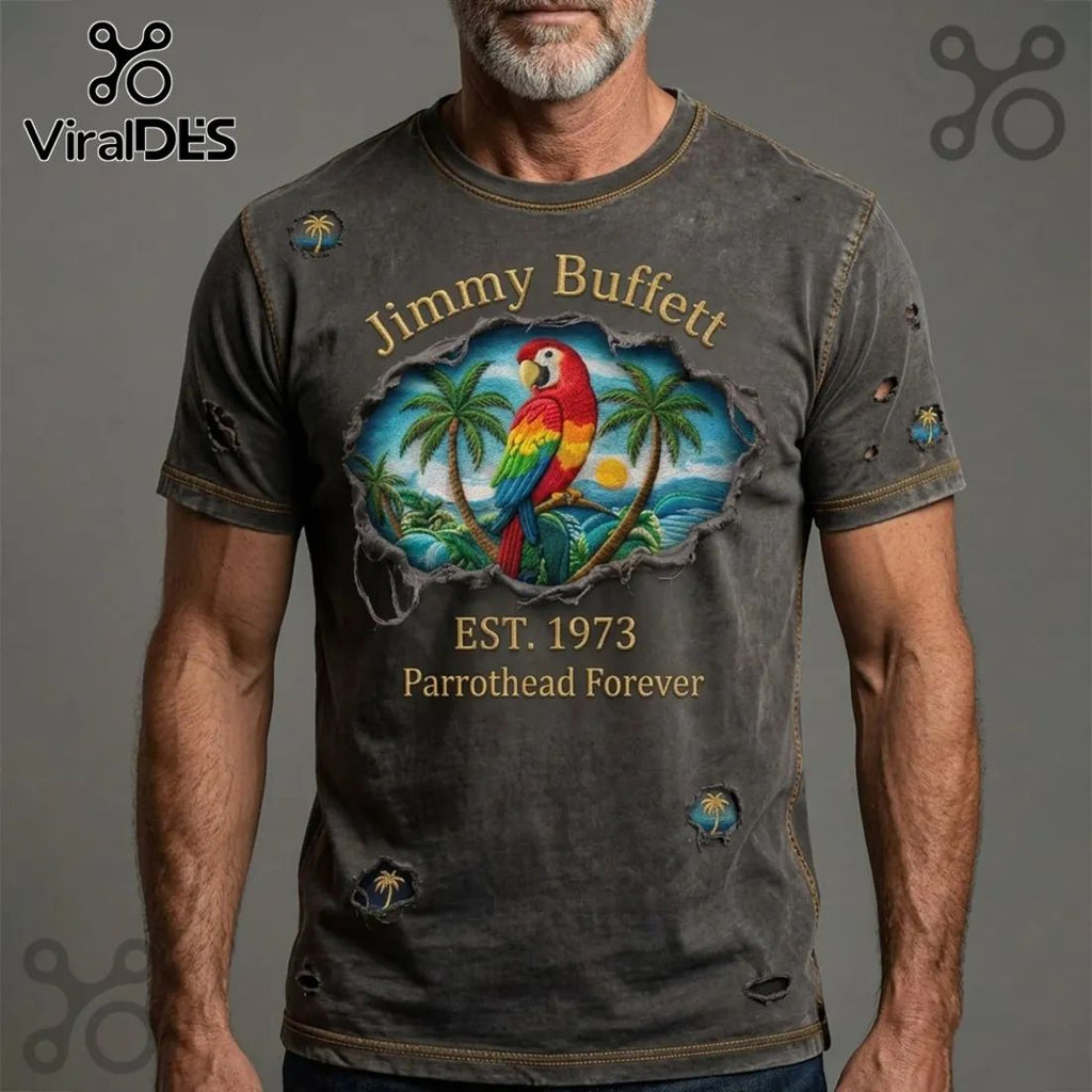 Jimmy Buffett Parrothead Est. 1973 Distressed Tropical Parrot Graphic T-Shirt