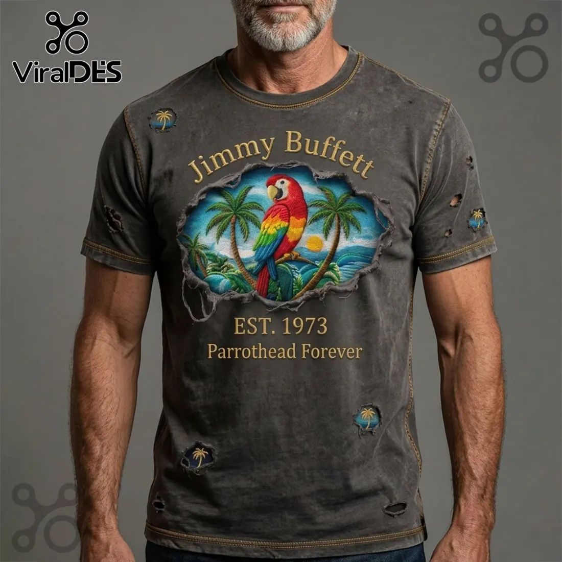 Jimmy Buffett Parrothead Est. 1973 Distressed Tropical Parrot Graphic T-Shirt