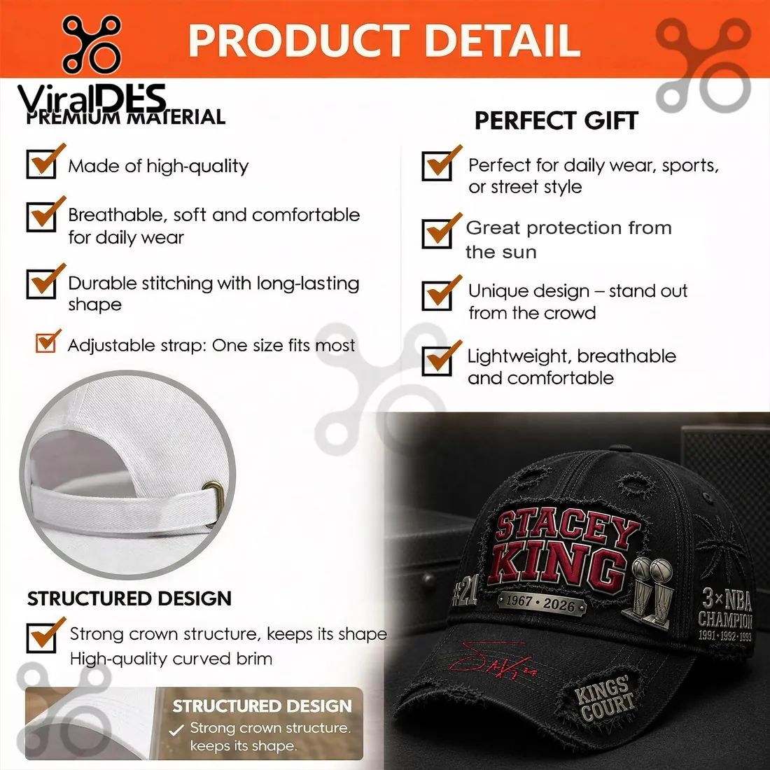Stacey King Chicago Bulls 3x NBA Champion Embroidered Cap