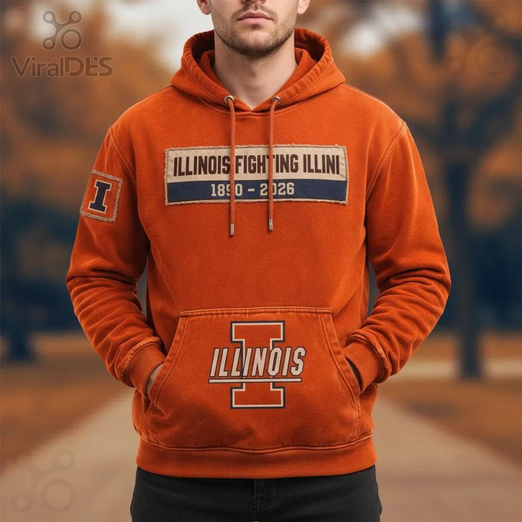 Illinois Fighting Illini Vintage Distressed 1890-2026 Patch Graphic Hoodie