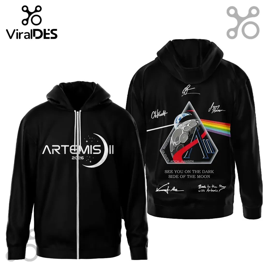 Artemis II 2026 Crew Signatures Dark Side of Moon Space Mission Hoodie