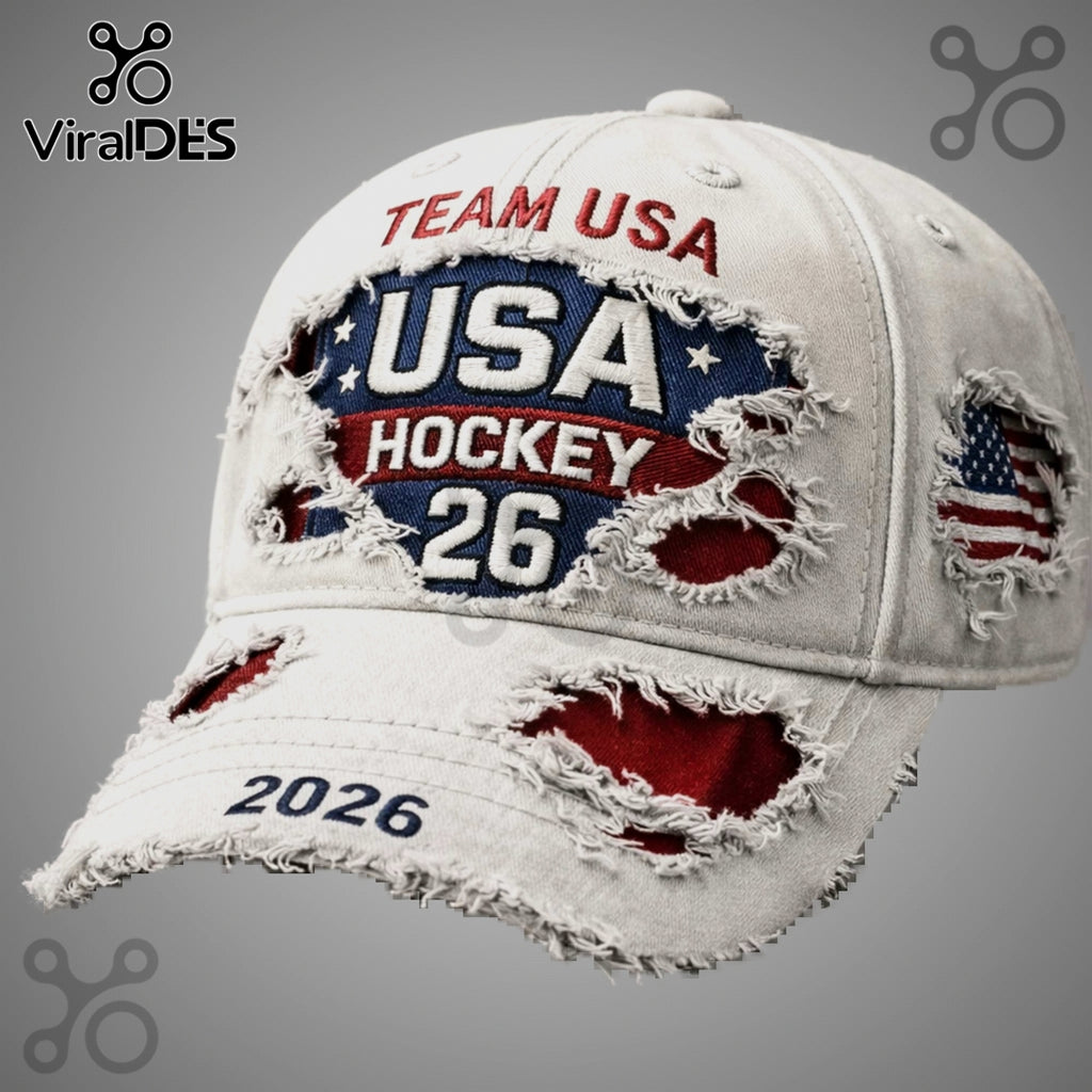 USA Hockey Team 2026 Distressed American Flag Patriotic Baseball Cap