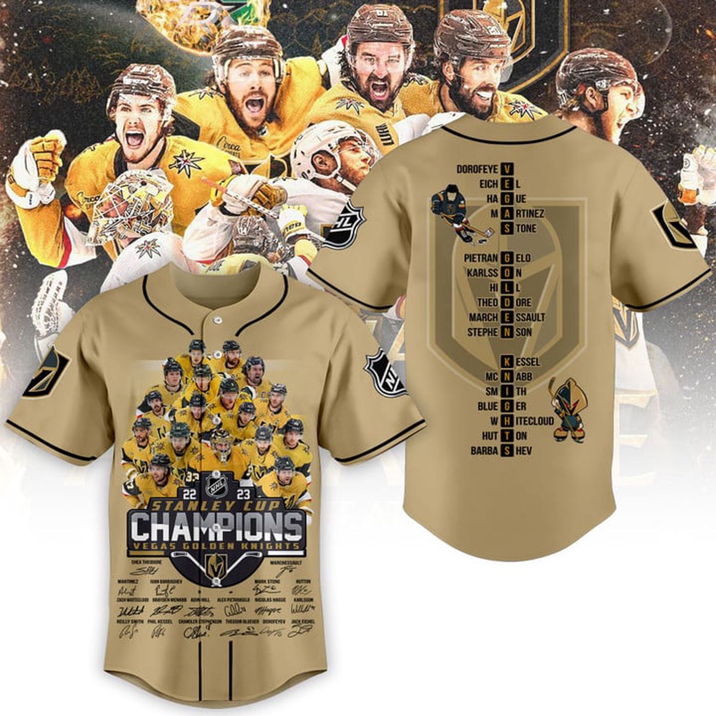 Vegas Golden Knights Stanley Cup Champions 2023 Gold Baseball Jersey Gift for Men Women - Bafud T-Shirts,... (Image 2)