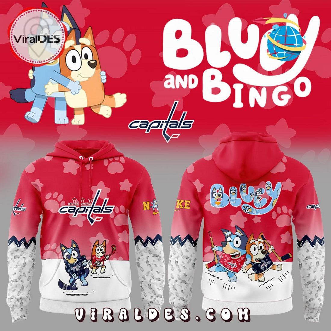 Washington Capitals Bluey and Bingo Red Hoodie