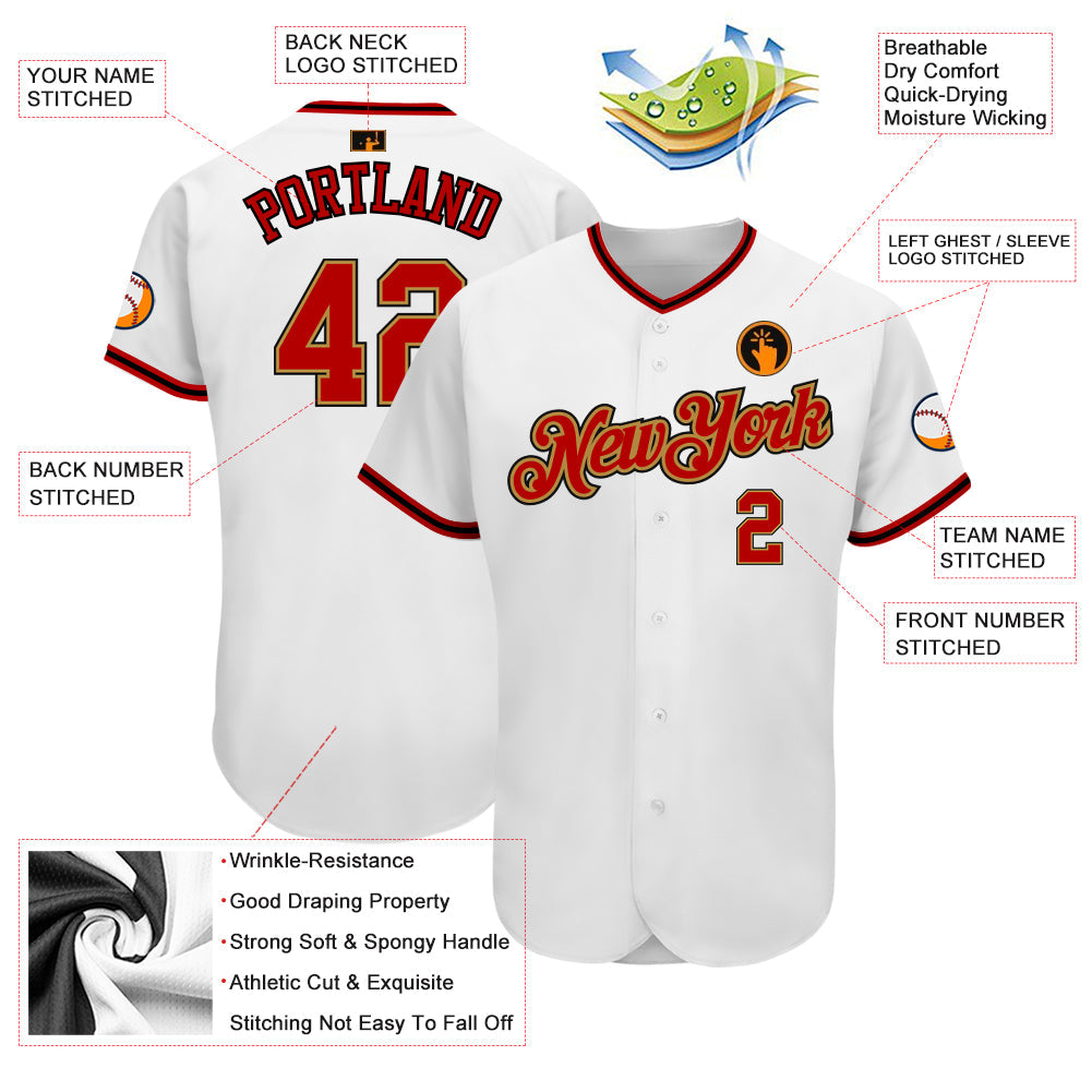 Custom White Red-Old Gold Authentic Baseball Jersey
