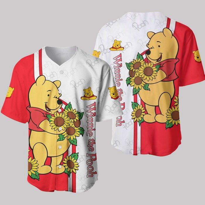 Winnie The Pooh Red White Stripes Disney Unisex Cartoon Graphics Casual Outfits Custom Baseball Jersey Gifts for Fans - lylyprint.com