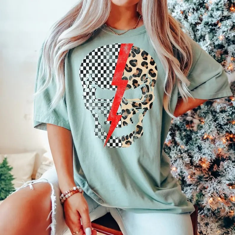 woman skull tshirt ,gift for her , Skeleton, Graphic Tee ,Women's Cheetah Print Skull ,-Cheetah Print Sweatshirt