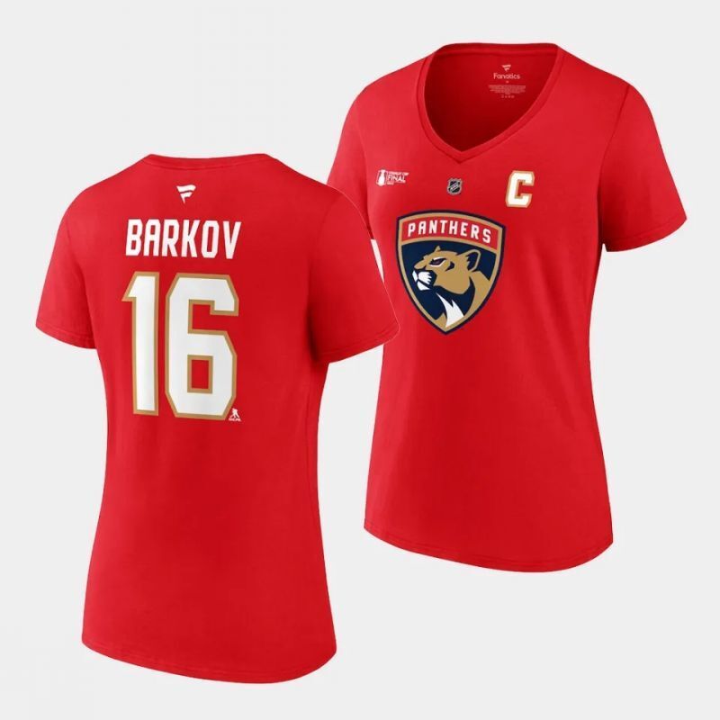women florida panthers #16 aleksander barkov stack red 2023 stanley cup final v-neck t-shirt